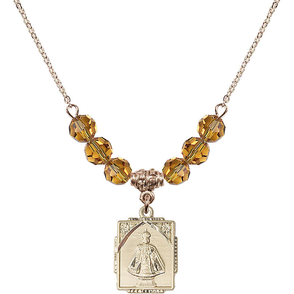 14kt Gold Filled Infant of Prague Birthstone Necklace with Topaz Beads - 0804