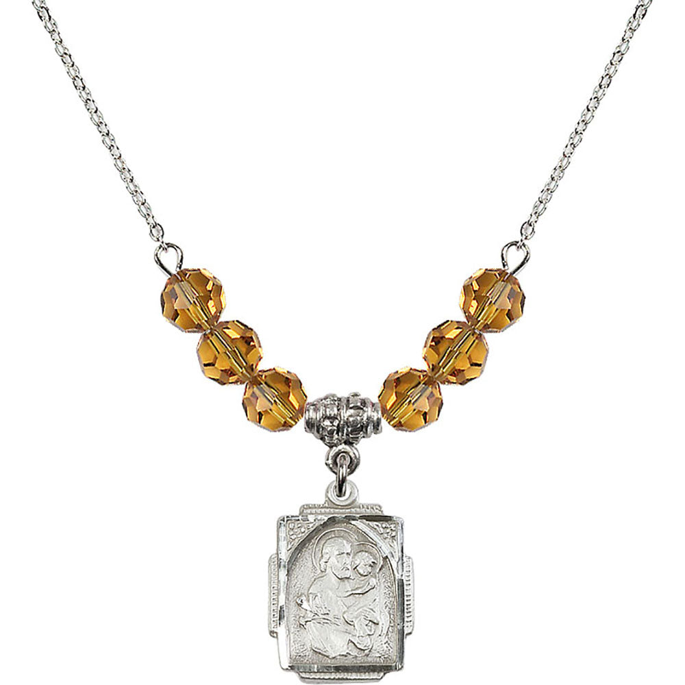 Sterling Silver Saint Joseph Birthstone Necklace with Topaz Beads - 0804