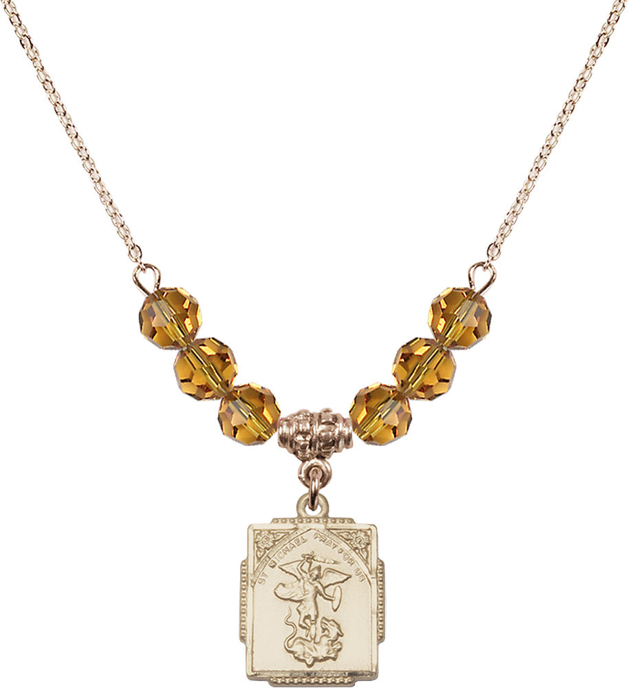 14kt Gold Filled Saint Michael the Archangel Birthstone Necklace with Topaz Beads - 0804