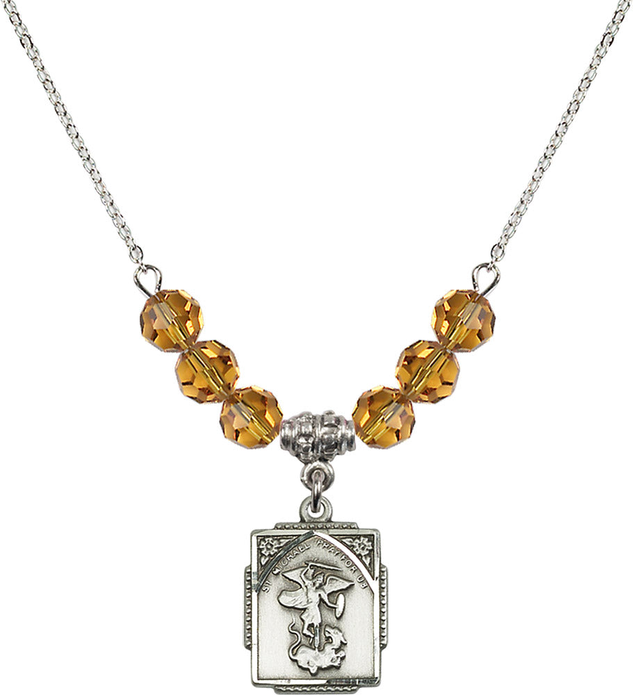 Sterling Silver Saint Michael the Archangel Birthstone Necklace with Topaz Beads - 0804