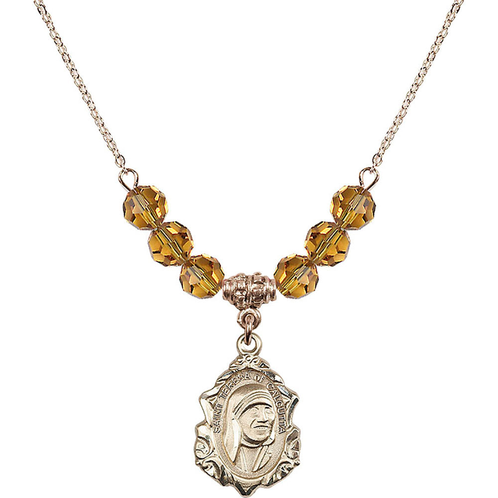 14kt Gold Filled Saint Teresa of Calcutta Birthstone Necklace with Topaz Beads - 0812