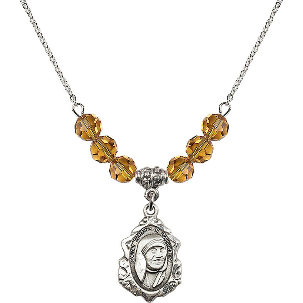 Sterling Silver Saint Teresa of Calcutta Birthstone Necklace with Topaz Beads - 0812