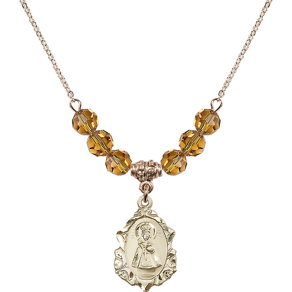 14kt Gold Filled Infant of Prague Birthstone Necklace with Topaz Beads - 0822