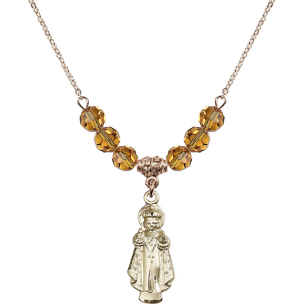 14kt Gold Filled Infant of Prague Birthstone Necklace with Topaz Beads - 0824