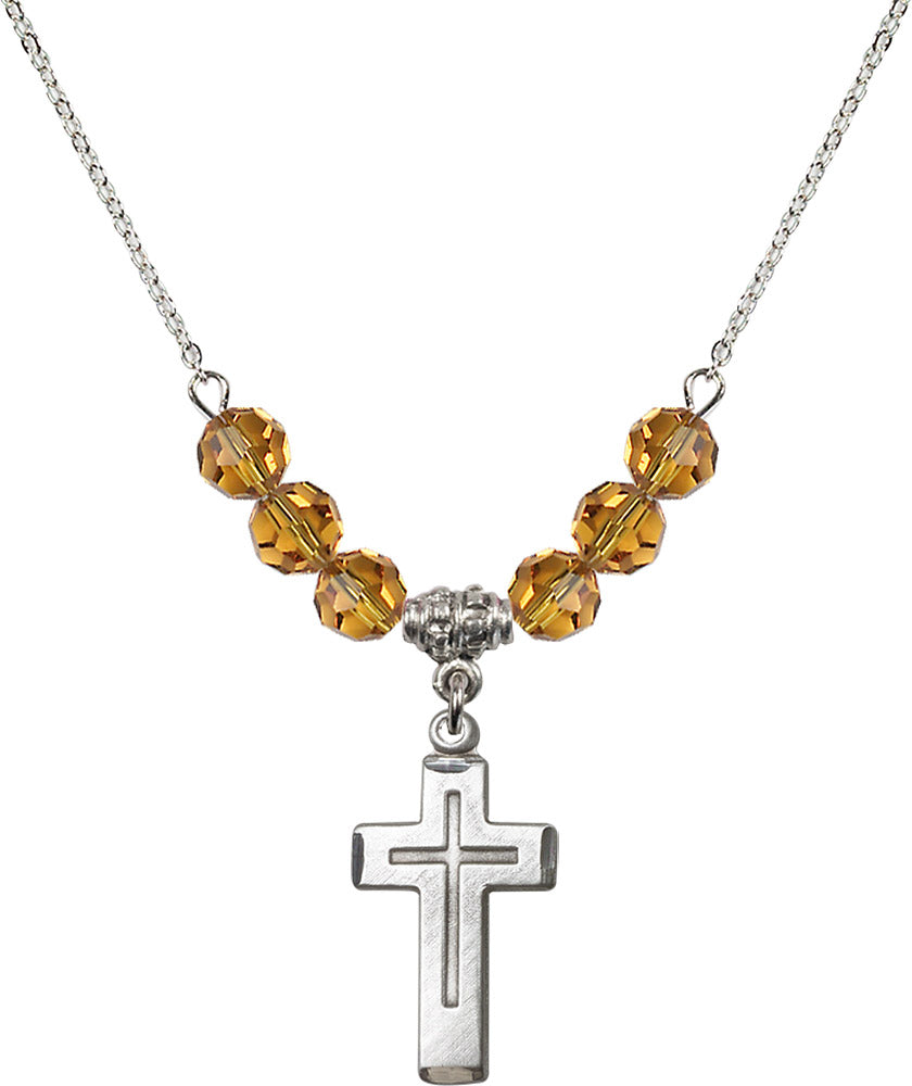 Sterling Silver Cross Birthstone Necklace with Topaz Beads - 1529
