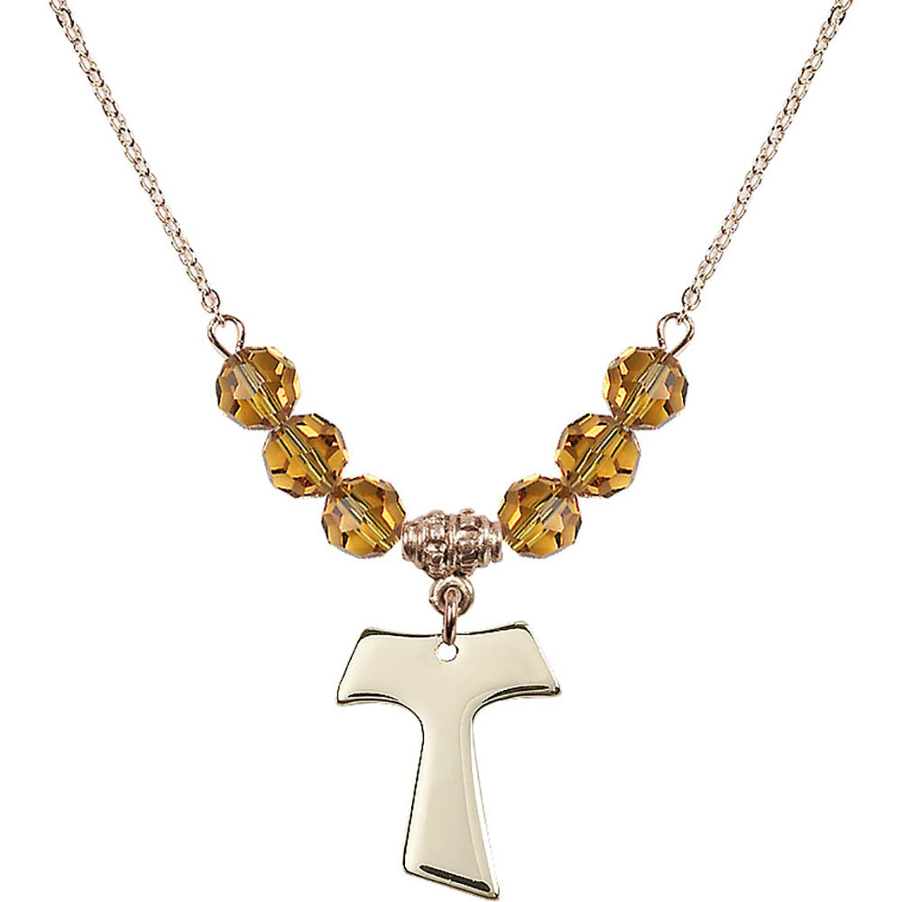 14kt Gold Filled Tau Cross Birthstone Necklace with Topaz Beads - 3948