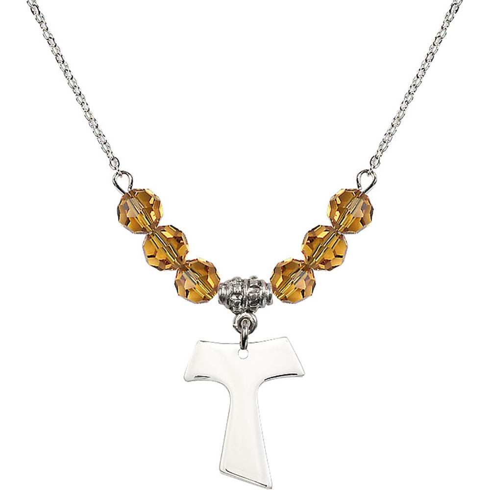 Sterling Silver Tau Cross Birthstone Necklace with Topaz Beads - 3948