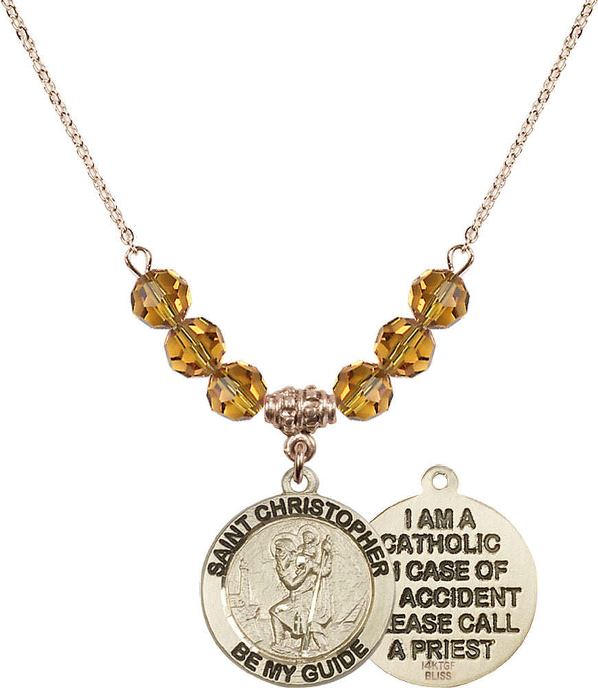 14kt Gold Filled Saint Christopher Birthstone Necklace with Topaz Beads - 4049