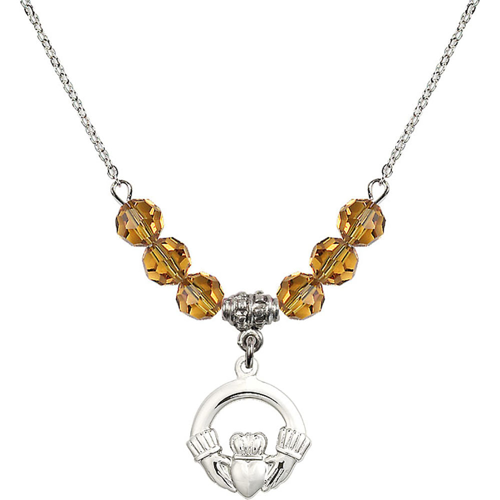 Sterling Silver Claddagh Birthstone Necklace with Topaz Beads - 4138
