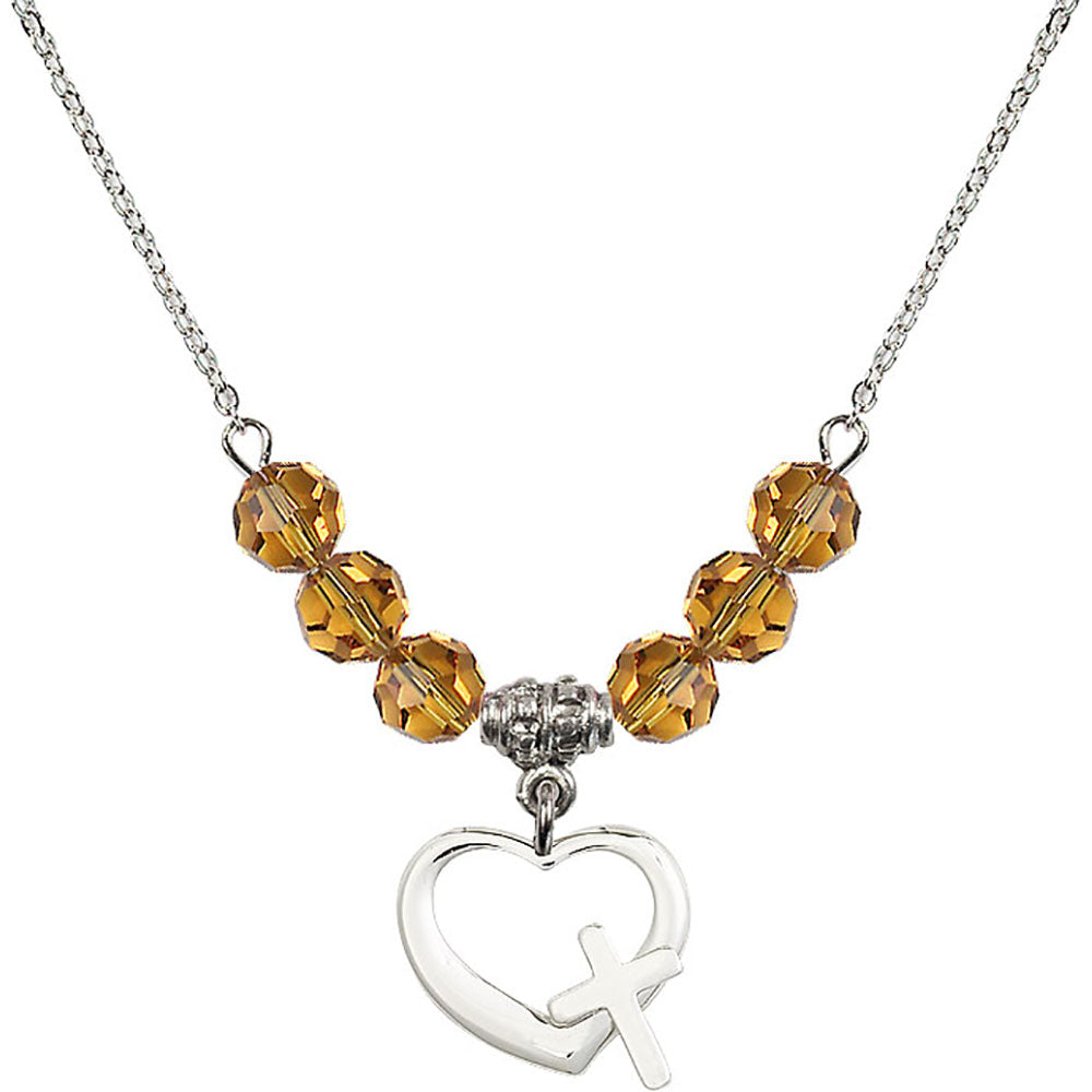 Sterling Silver Heart / Cross Birthstone Necklace with Topaz Beads - 4207