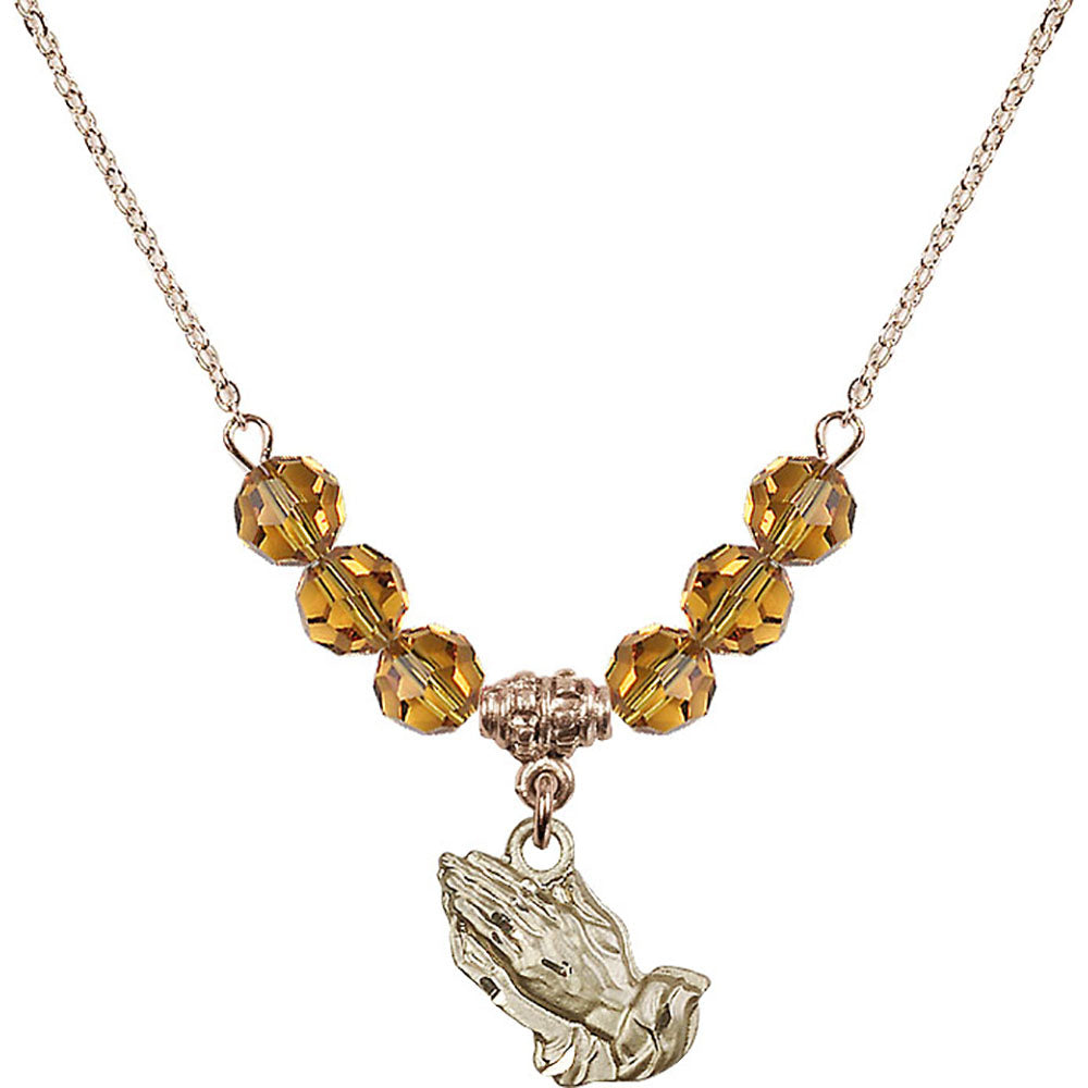 14kt Gold Filled Praying Hands Birthstone Necklace with Topaz Beads - 4219