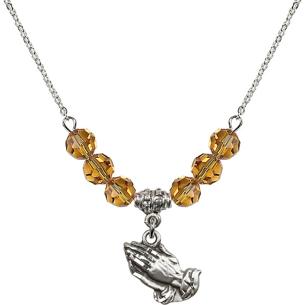 Sterling Silver Praying Hands Birthstone Necklace with Topaz Beads - 4219