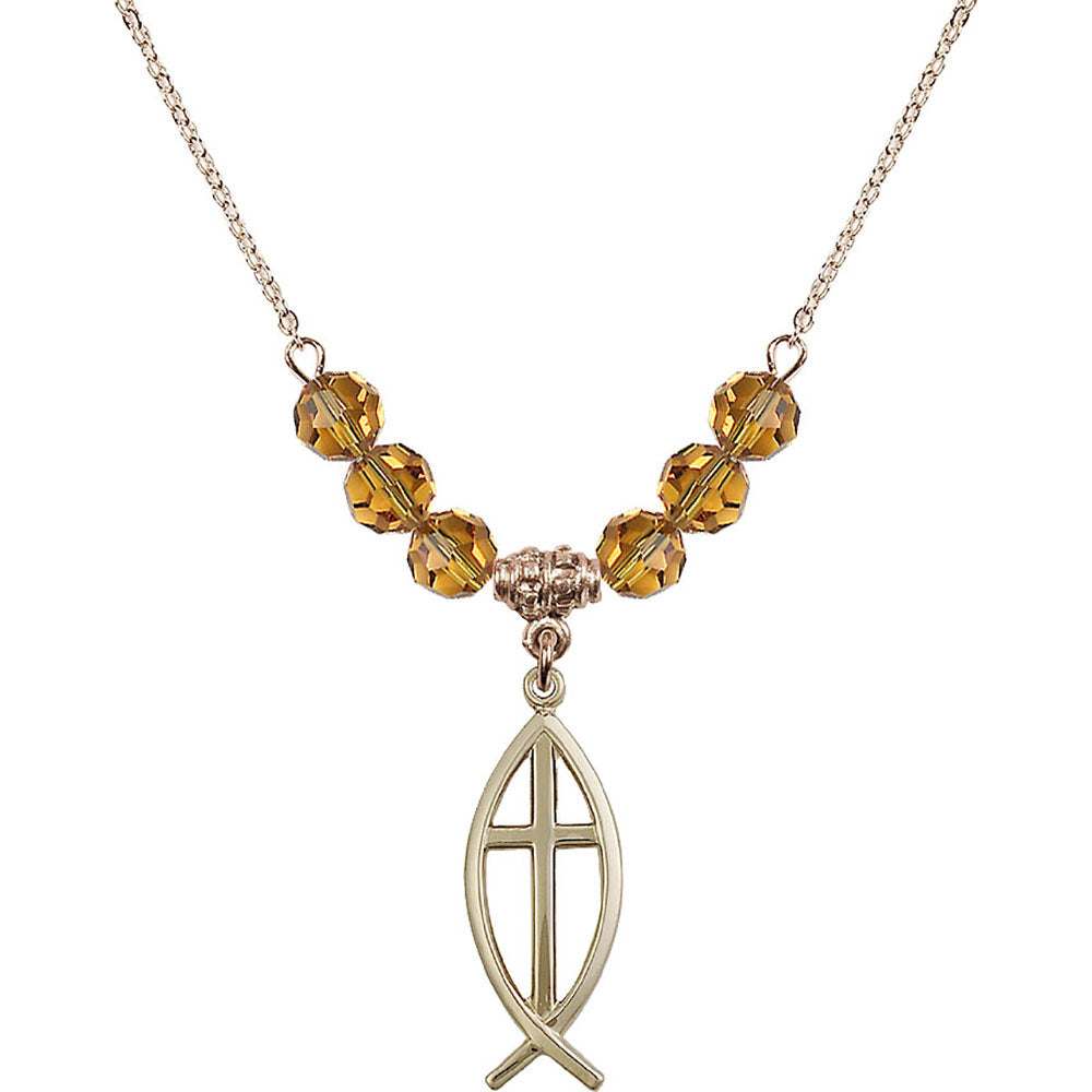 14kt Gold Filled Fish / Cross Birthstone Necklace with Topaz Beads - 4252