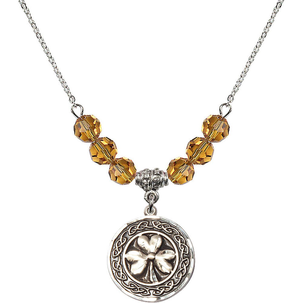 Sterling Silver Shamrock w/ Celtic Border Birthstone Necklace with Topaz Beads - 5106
