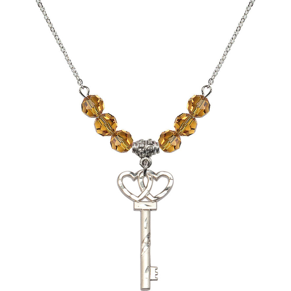 Sterling Silver Small Key w/Double Hearts Birthstone Necklace with Topaz Beads - 6213
