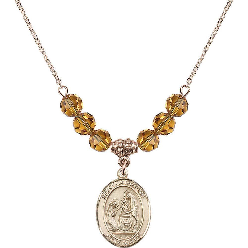 14kt Gold Filled Saint Catherine of Siena Birthstone Necklace with Topaz Beads - 8014