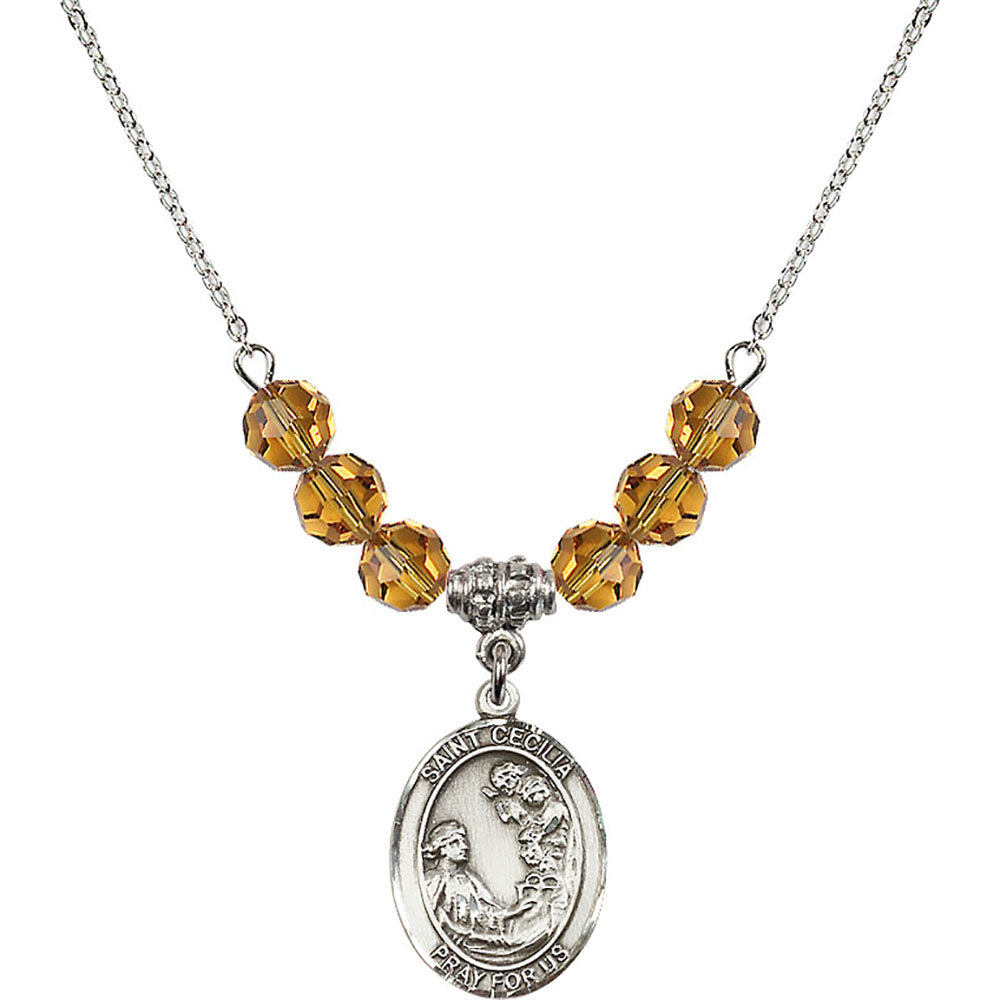Sterling Silver Saint Cecilia Birthstone Necklace with Topaz Beads - 8016