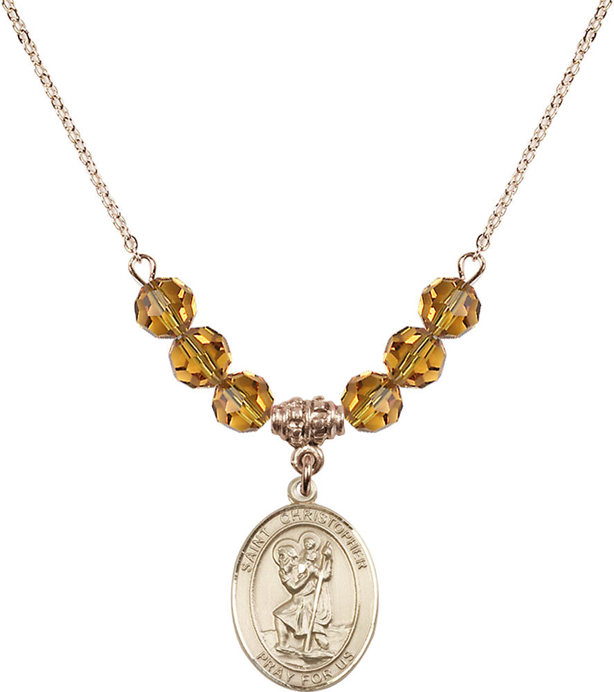 14kt Gold Filled Saint Christopher Birthstone Necklace with Topaz Beads - 8022