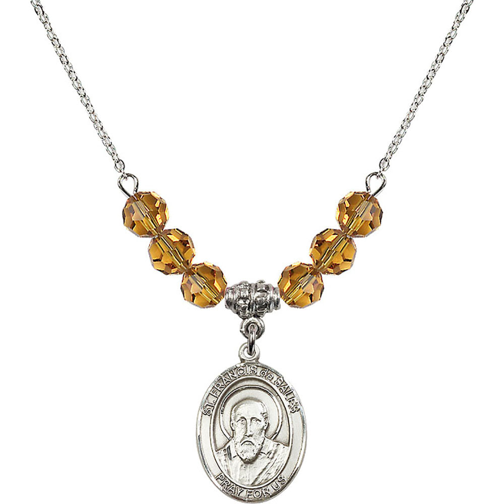 Sterling Silver Saint Francis de Sales Birthstone Necklace with Topaz Beads - 8035
