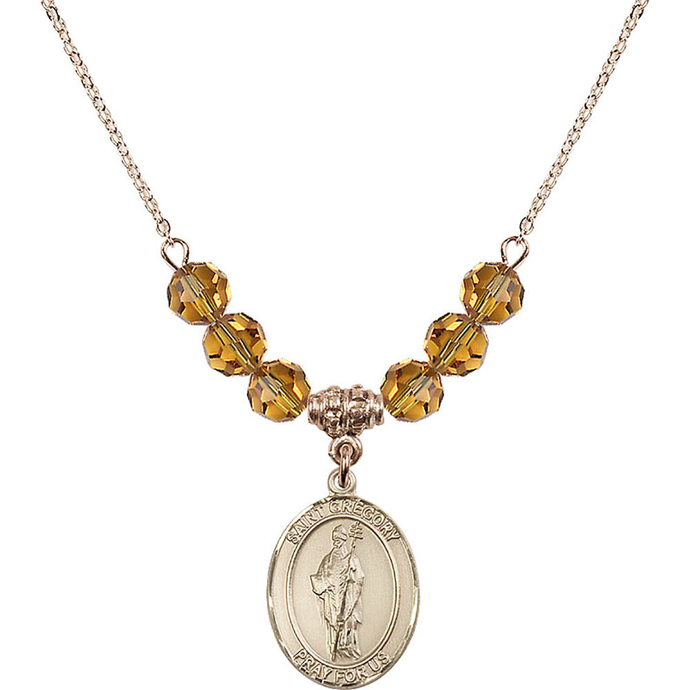 14kt Gold Filled Saint Gregory the Great Birthstone Necklace with Topaz Beads - 8048