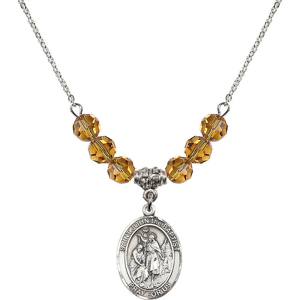 Sterling Silver Saint John the Baptist Birthstone Necklace with Topaz Beads - 8054