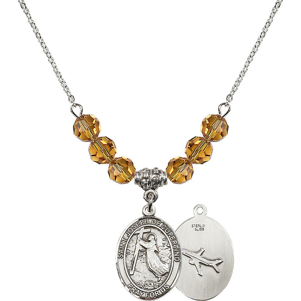 Sterling Silver Saint Joseph of Cupertino Birthstone Necklace with Topaz Beads - 8057