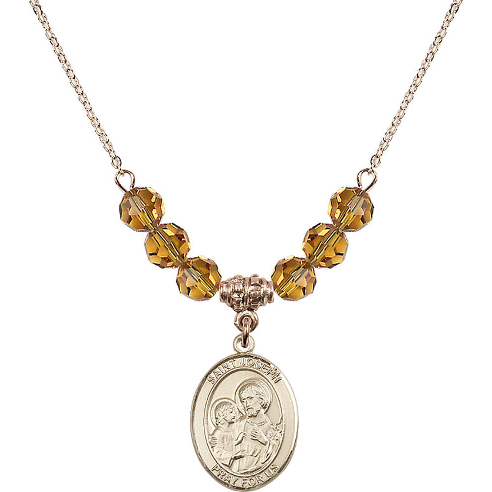 14kt Gold Filled Saint Joseph Birthstone Necklace with Topaz Beads - 8058