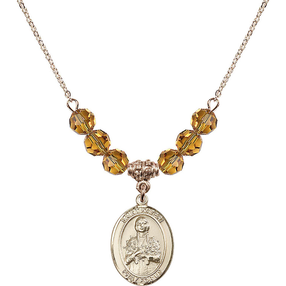 14kt Gold Filled Saint Kateri Tekakwitha Birthstone Necklace with Topaz Beads - 8061