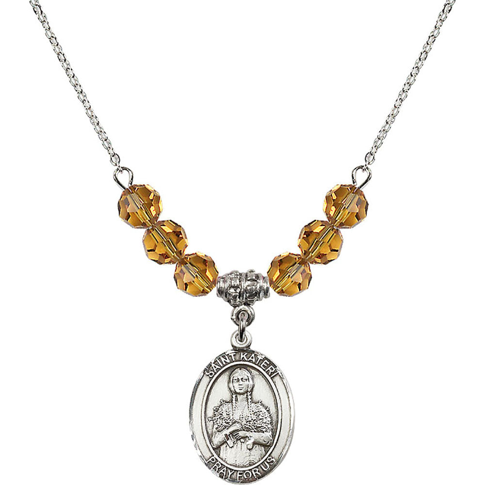 Sterling Silver Saint Kateri Tekakwitha Birthstone Necklace with Topaz Beads - 8061