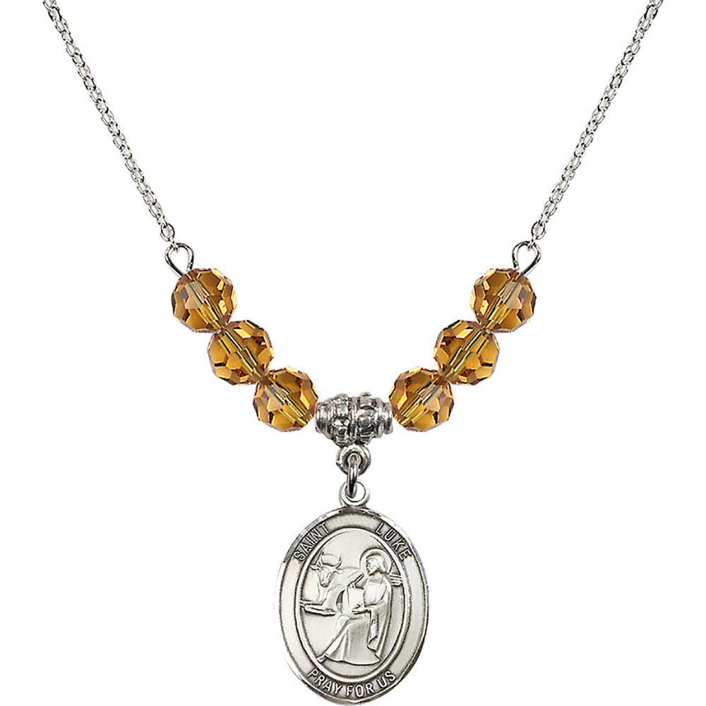 Sterling Silver Saint Luke the Apostle Birthstone Necklace with Topaz Beads - 8068