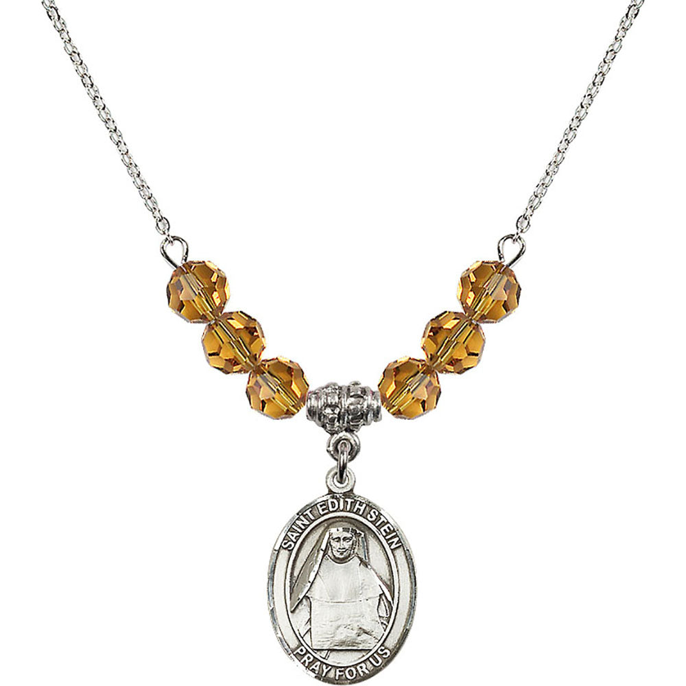 Sterling Silver Saint Edith Stein Birthstone Necklace with Topaz Beads - 8103