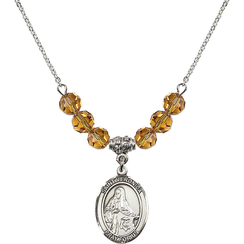Sterling Silver Saint Veronica Birthstone Necklace with Topaz Beads - 8110
