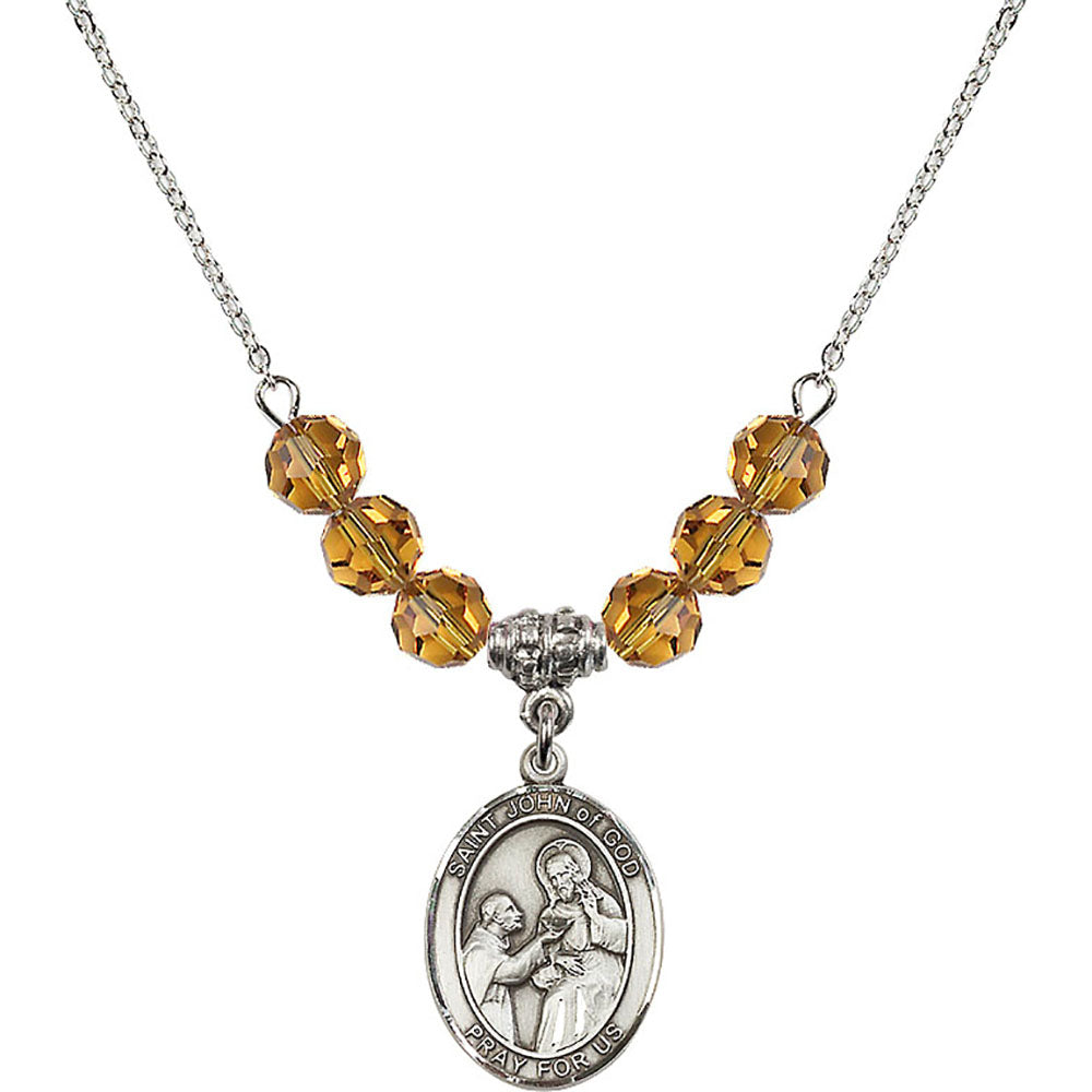 Sterling Silver Saint John of God Birthstone Necklace with Topaz Beads - 8112