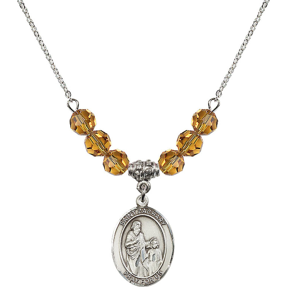 Sterling Silver Saint Zachary Birthstone Necklace with Topaz Beads - 8116