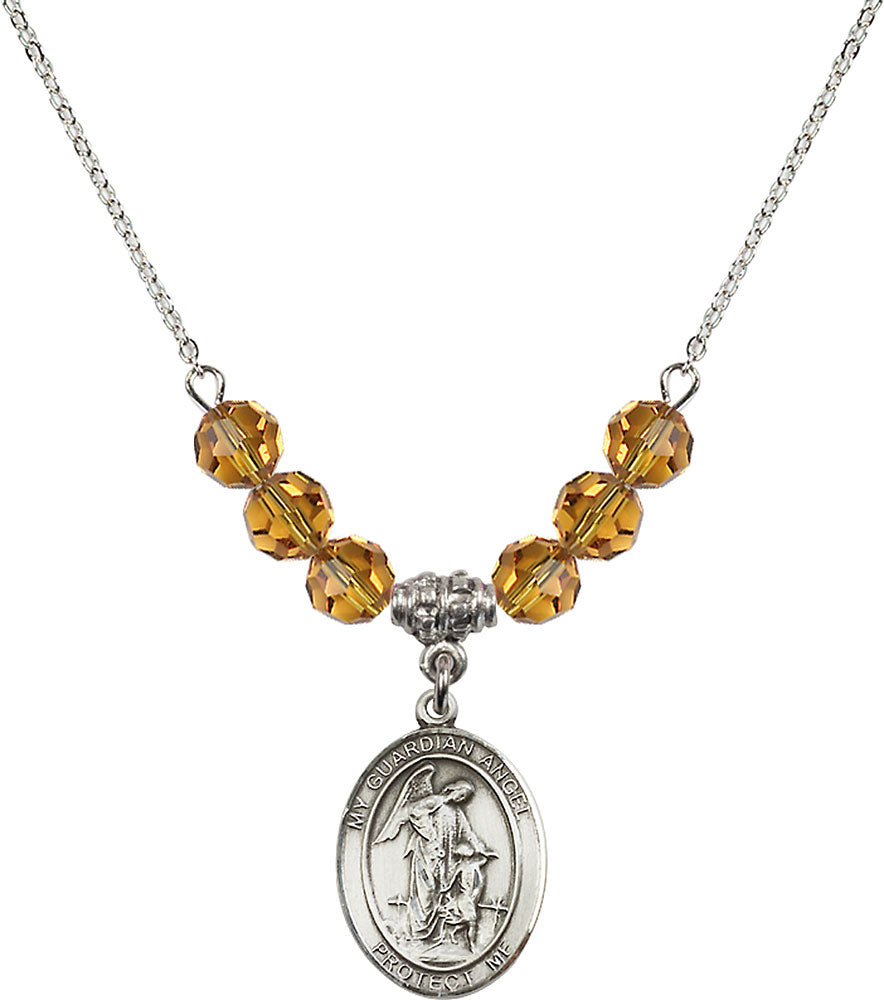 Sterling Silver Guardian Angel w/Child Birthstone Necklace with Topaz Beads - 8118