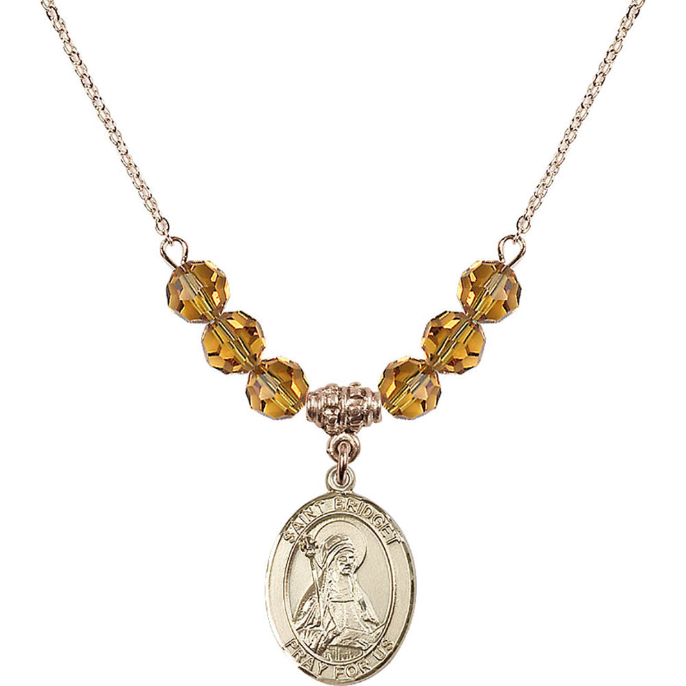 14kt Gold Filled Saint Bridget of Sweden Birthstone Necklace with Topaz Beads - 8122