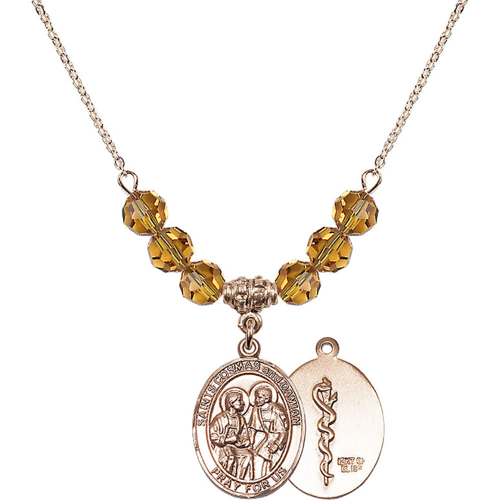 14kt Gold Filled Saints Cosmas & Damian / Doctors Birthstone Necklace with Topaz Beads - 8132