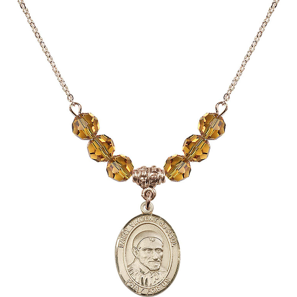 14kt Gold Filled Saint Vincent De Paul Birthstone Necklace with Topaz Beads - 8134