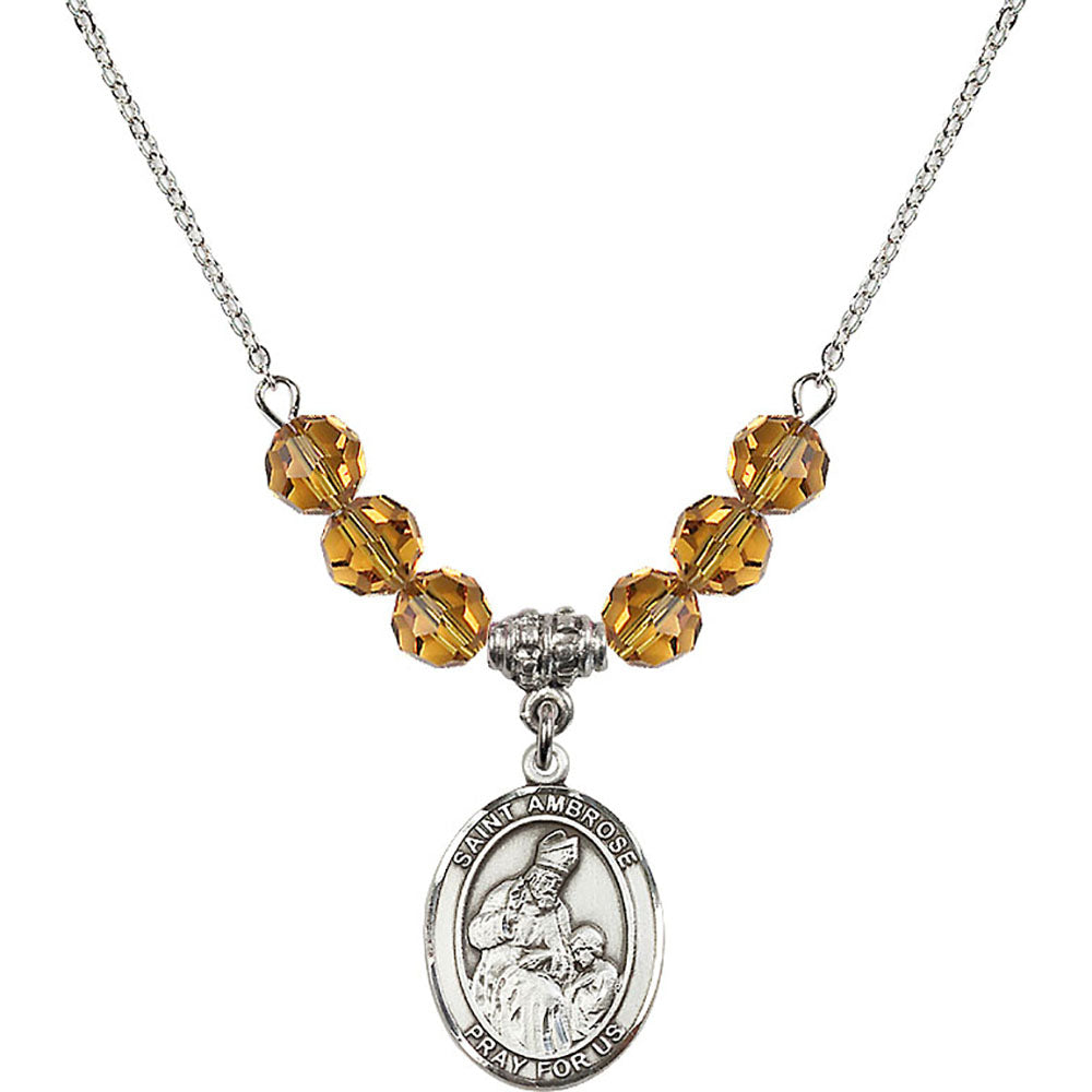 Sterling Silver Saint Ambrose Birthstone Necklace with Topaz Beads - 8137