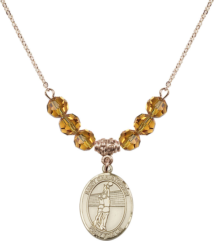 14kt Gold Filled Saint Christopher/Volleyball Birthstone Necklace with Topaz Beads - 8138