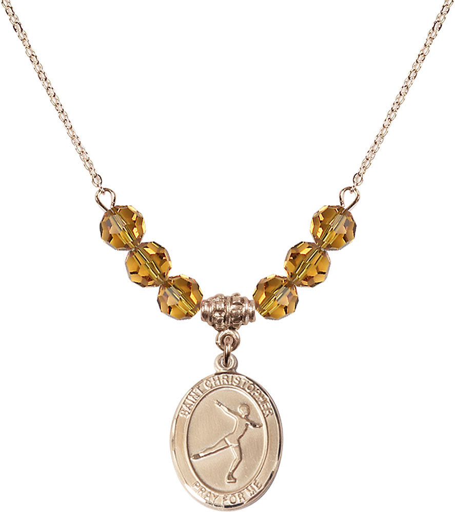 14kt Gold Filled Saint Christopher/Figure Skating Birthstone Necklace with Topaz Beads - 8139