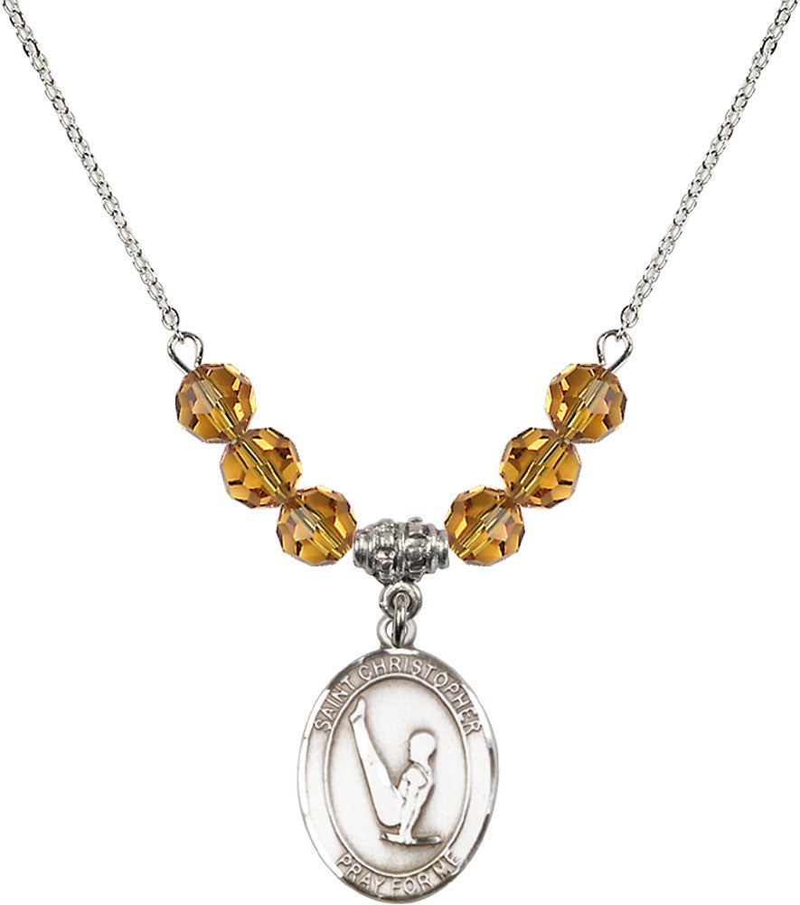Sterling Silver Saint Christopher/Gymnastics Birthstone Necklace with Topaz Beads - 8142