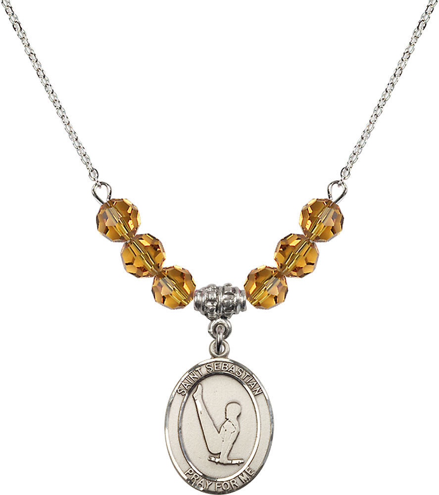 Sterling Silver Saint Sebastian/Gymnastics Birthstone Necklace with Topaz Beads - 8172