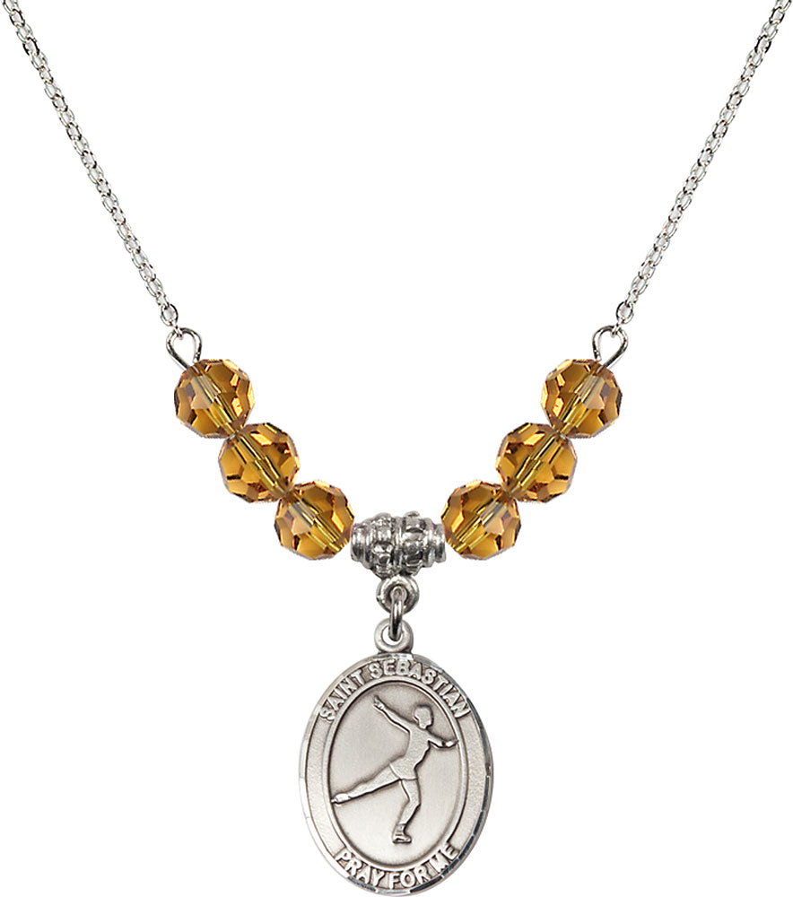 Sterling Silver Saint Sebastian/Figure Skating Birthstone Necklace with Topaz Beads - 8177