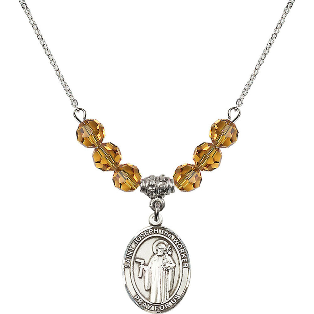 Sterling Silver Saint Joseph the Worker Birthstone Necklace with Topaz Beads - 8220
