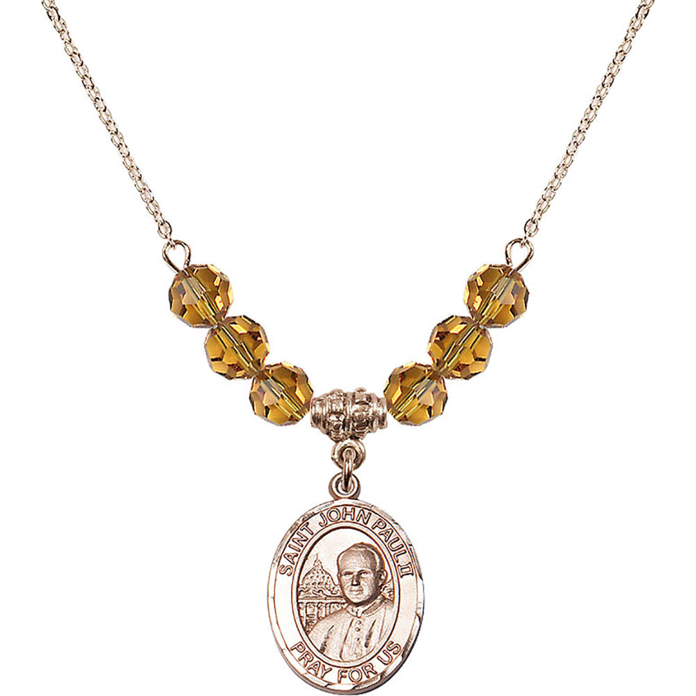 14kt Gold Filled Saint John Paul II Birthstone Necklace with Topaz Beads - 8234
