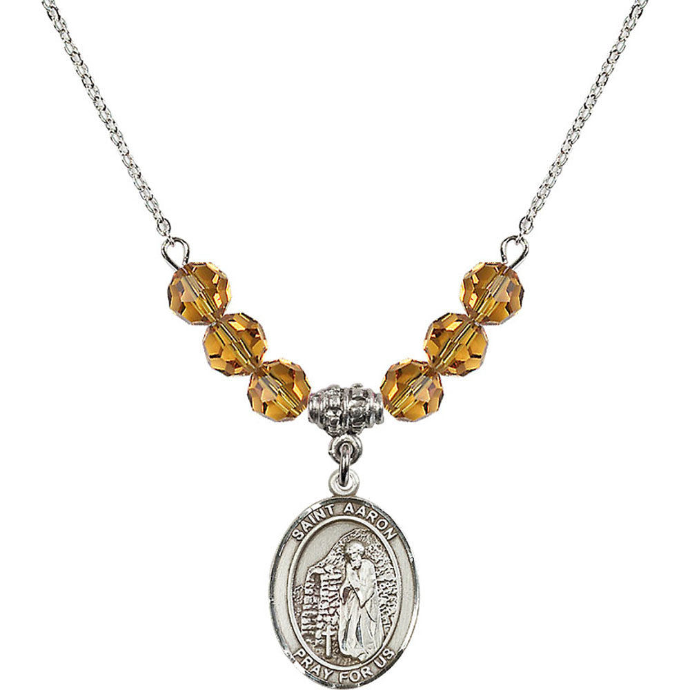 Sterling Silver Saint Aaron Birthstone Necklace with Topaz Beads - 8254