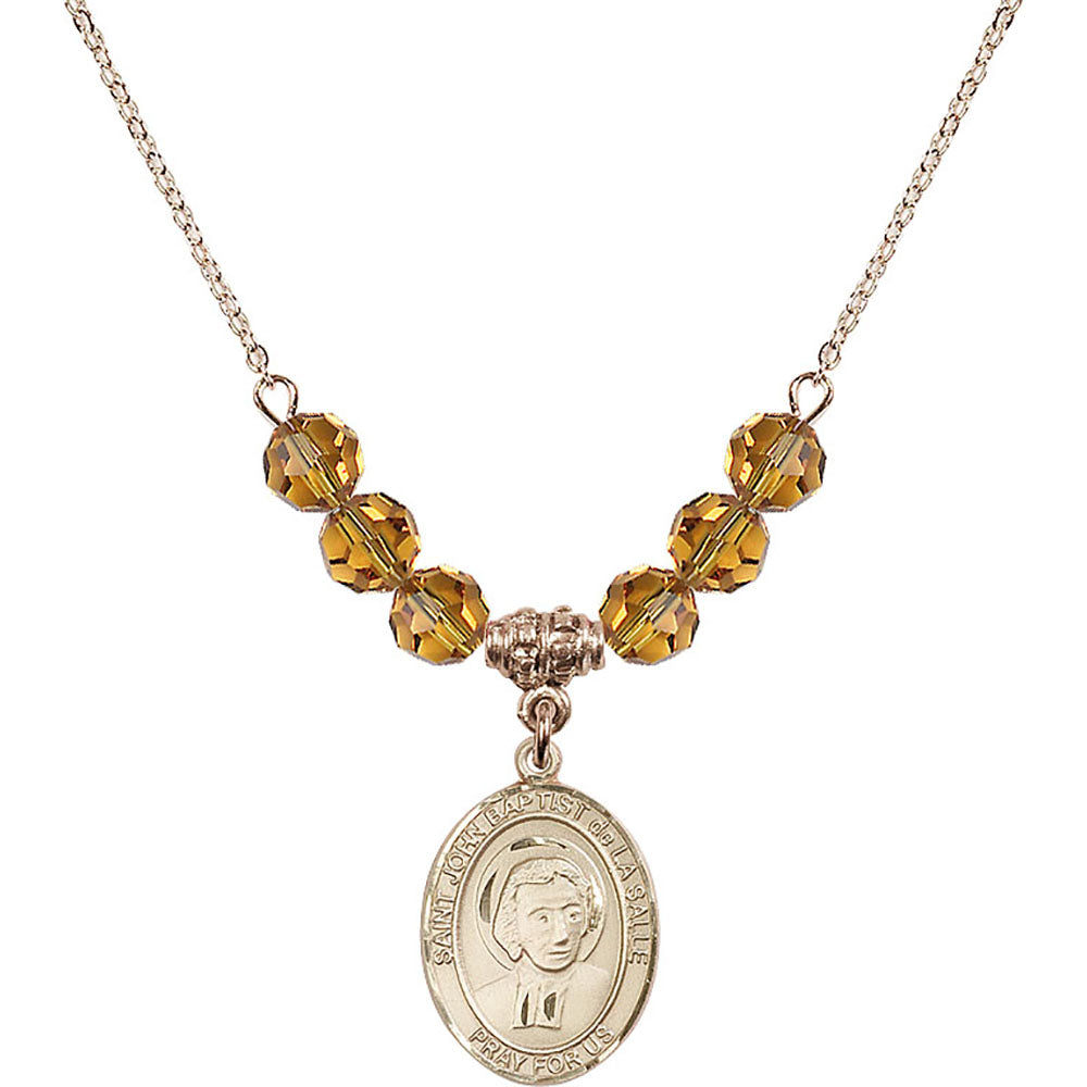 14kt Gold Filled Saint John Baptist de la Salle Birthstone Necklace with Topaz Beads - 8262