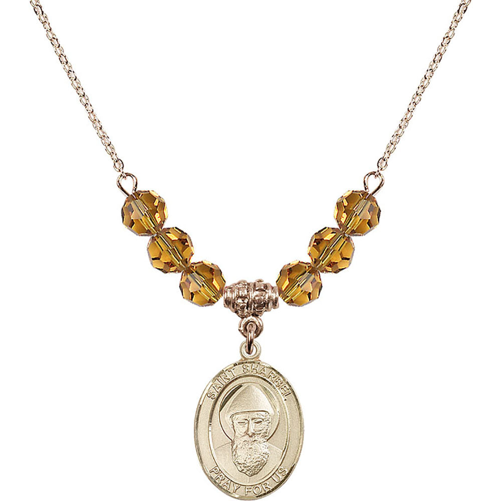 14kt Gold Filled Saint Sharbel Birthstone Necklace with Topaz Beads - 8271