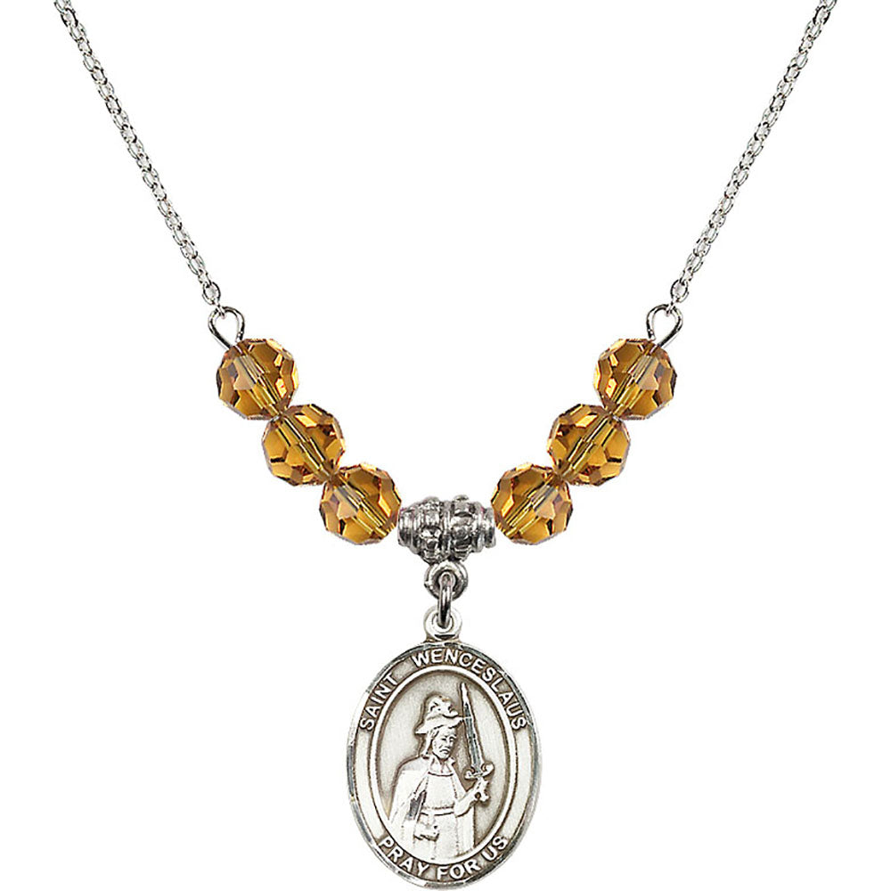 Sterling Silver Saint Wenceslaus Birthstone Necklace with Topaz Beads - 8273